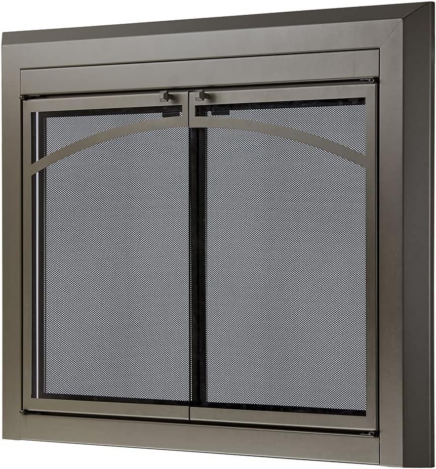UniFlame - Gerri - Cabinet-Style Fireplace Doors with Smoke Tempered Glass (Color: Gunmetal, Size: Medium - Fits Opening 30in to 37in W x 25.5in to 32.5in H)
