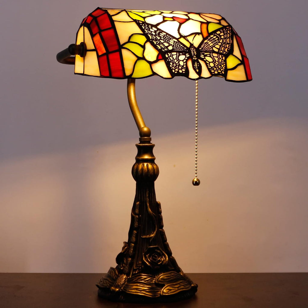 Tiffany Banker Lamp Small Stained Glass Table Lamp Tiffany Style Piano Light Desk Lamp Angle Adjustable 10.6X15.7 Inch for Home Office Living Room Bedroom (Butterfly in Flower Style)