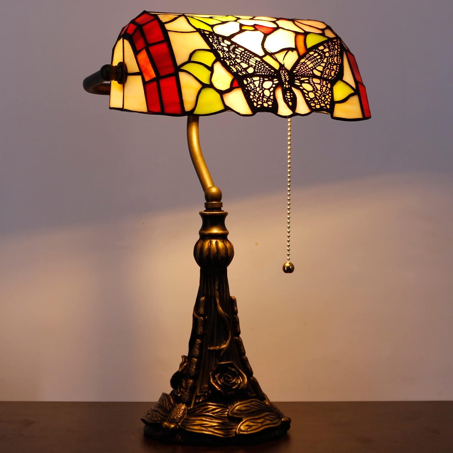 Tiffany Banker Lamp Small Stained Glass Table Lamp Tiffany Style Piano Light Desk Lamp Angle Adjustable 10.6X15.7 Inch for Home Office Living Room Bedroom (Butterfly in Flower Style)