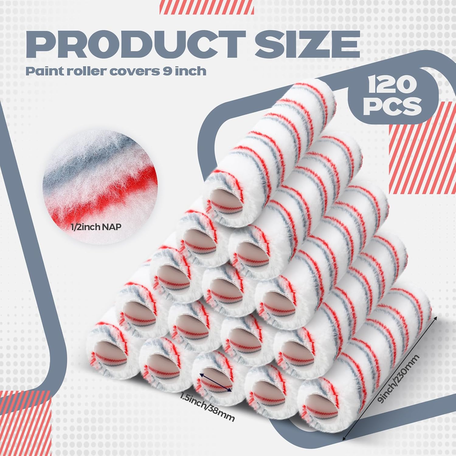 Leumoi 120 Pcs Paint Roller Covers, 1/2 Nap 9' Roller Covers, High Capacity Microfiber Naps for Wall Paint Kit Home Repair Tools Painting Supplies(Red Gray)
