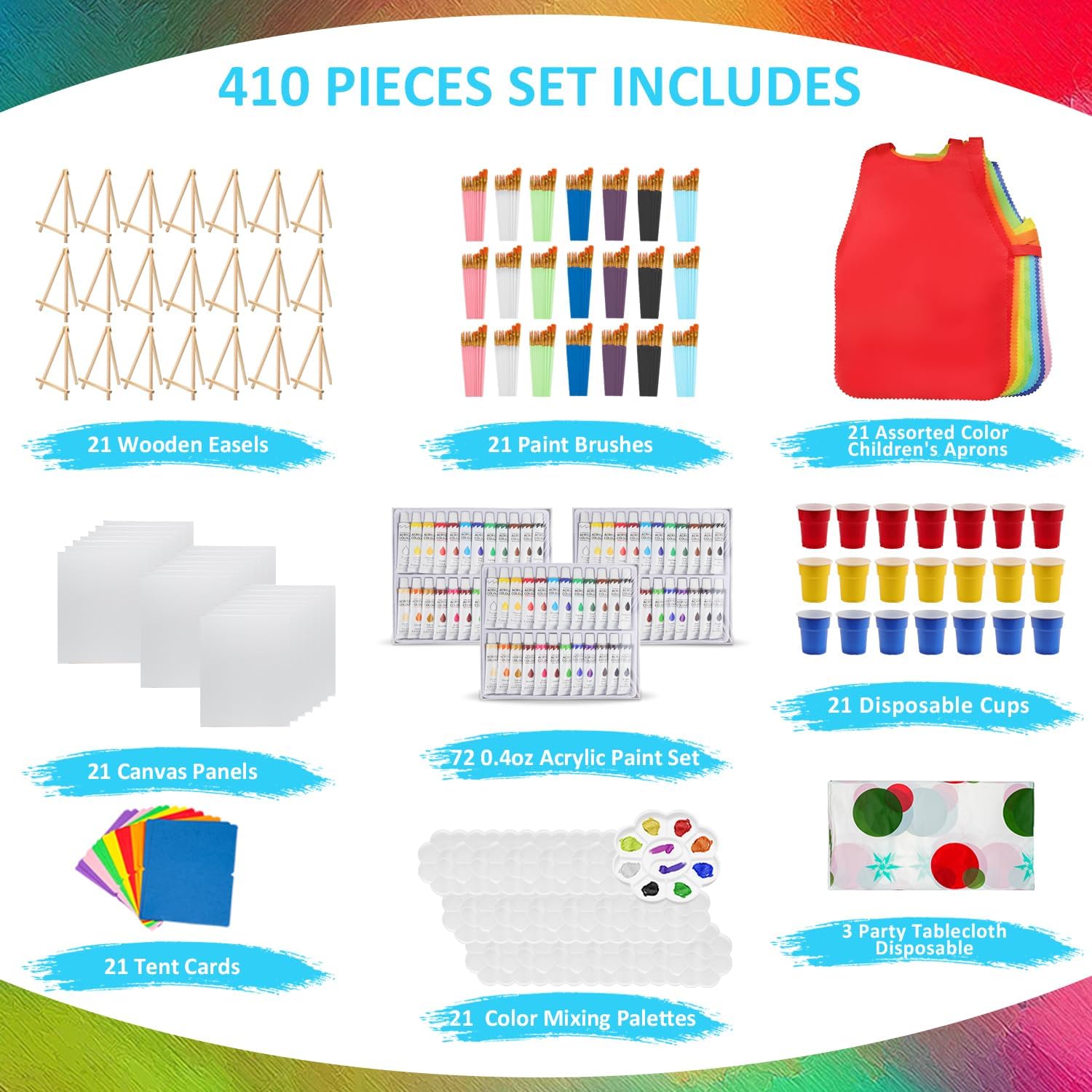 410 Pcs Art Painting Kit Supplies Set for to Party - 210 Paint Brushes, 72 Acrylic Paints, 21 Wood Easels & Canvas Panels & Palettes & Aprons & Wash Pen Cup, 3 Plastic Tablecloth