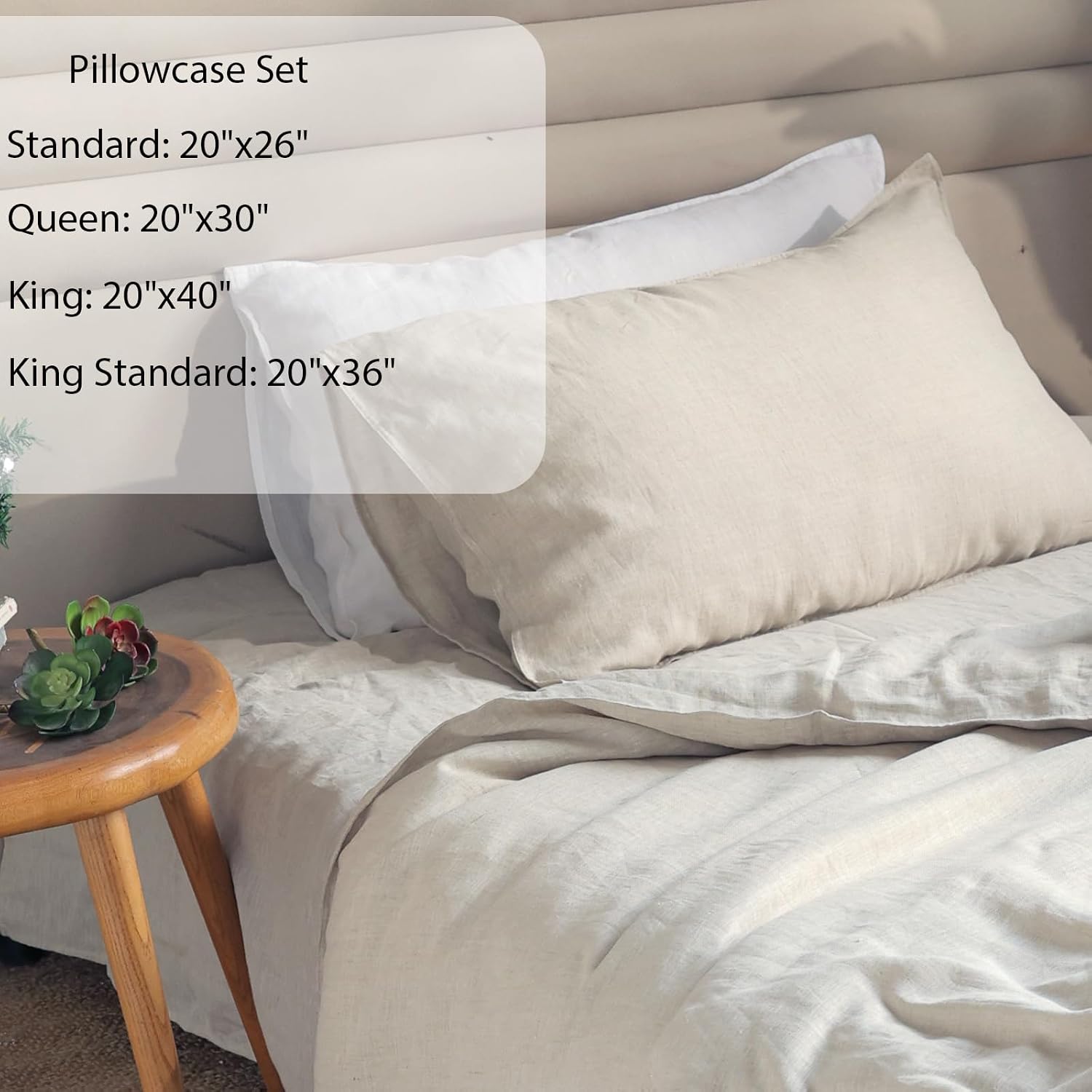 XZ XIFA King Standard Pillowcases - 2 Pack - Envelope Closure - 100% Natural Washed French Flax, Breathable, Durable, Textured Pillow Covers 20'x36'(King Standard, Linen/Natural Linen)