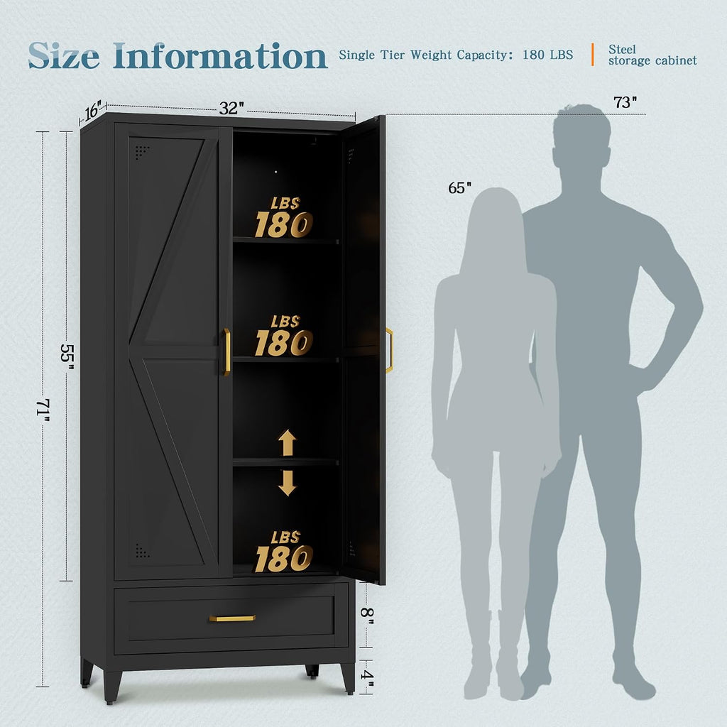 71' Tall Kitchen Pantry Storage Cabinet with Barn Doors, Drawer & Adjustable Shelves, Freestanding Storage Kitchen Cupboard, Versatile Food Pantry for Dining Room, 32' Wide,Black