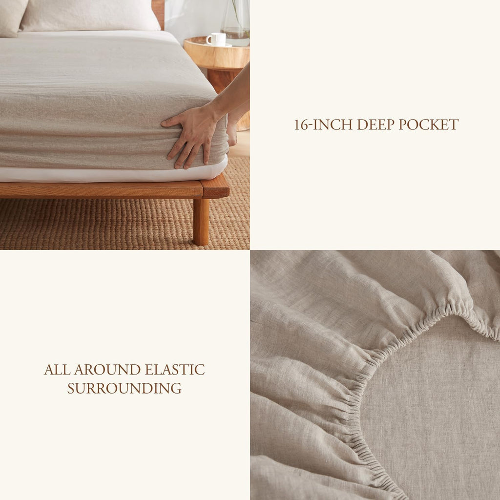 DAPU Pure Linen Sheets Set, 100% French Linen from Normandy, Breathable and Durable for Hot Sleepers, 3 Pcs Set - 1 Flat Sheet, 1 Fitted Sheet, 1 Pillowcase (Natural Linen, Twin)