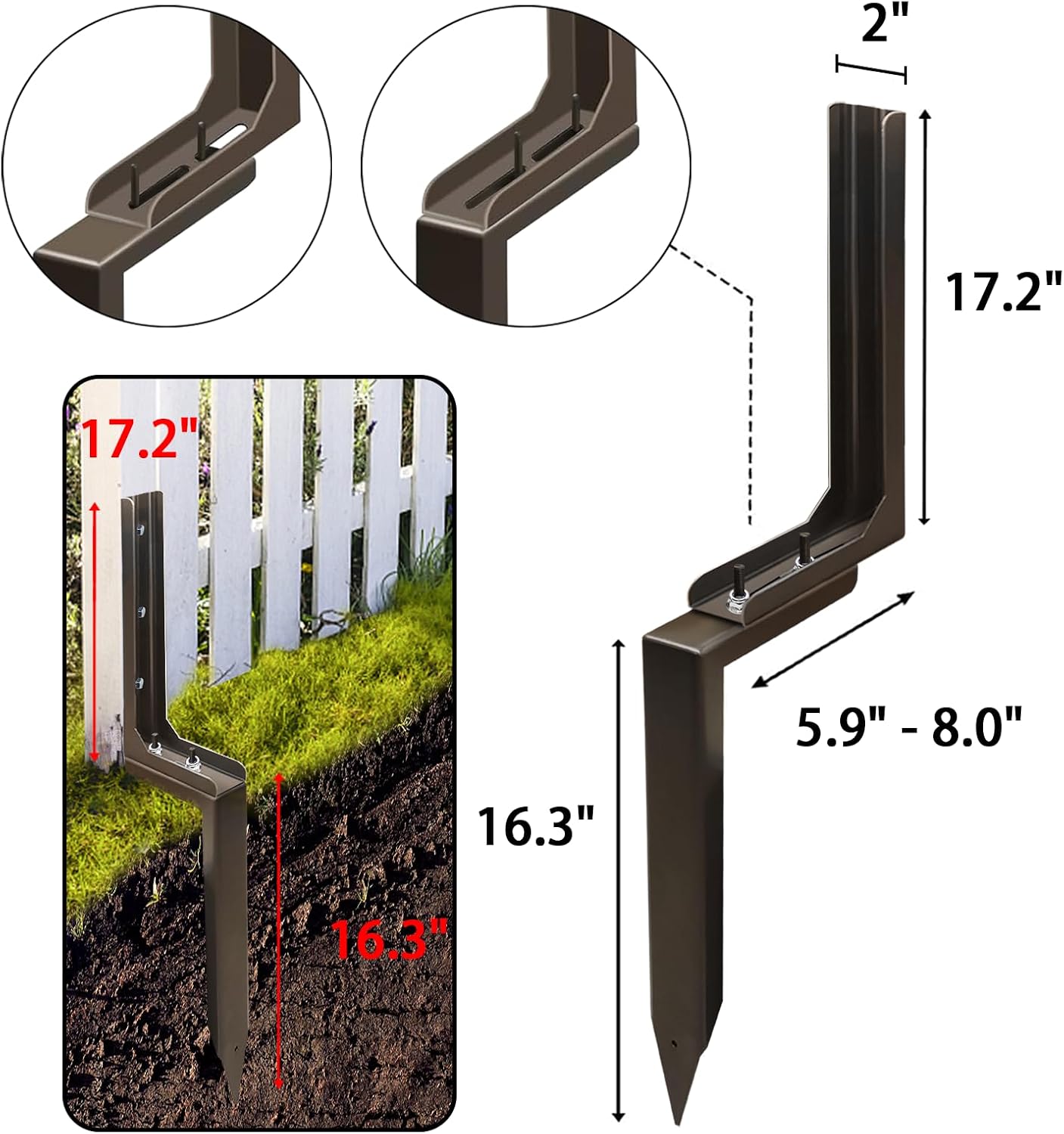 Fence Post Repair Kit, Quick Fix for Leaning/Broken 4x4/6x6 Fence Post Repair Stakes Kit Heavy Duty, Adjustable Angle, Solid Metal Anti-Rust Paint, 4 Pack/Brown