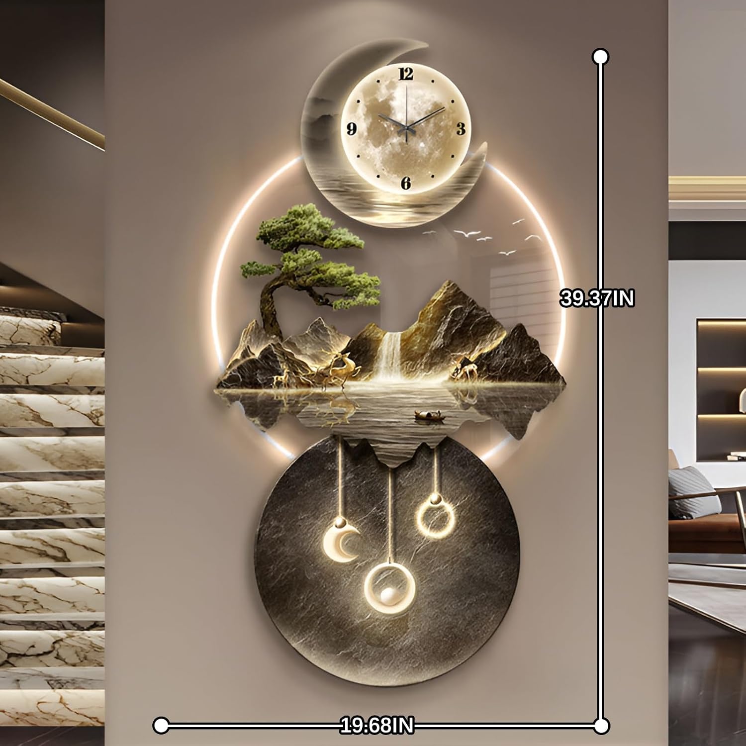 XQDYSG Wall Sculptures 3D Wall Art Decor Clock Plug-in Power Supply Home Decor Wall Modern Wall Hanging Sculpture Painting with LED Light for Bedroom Living Room Apartmen(Stylle B,19.6 * 39.37IN)
