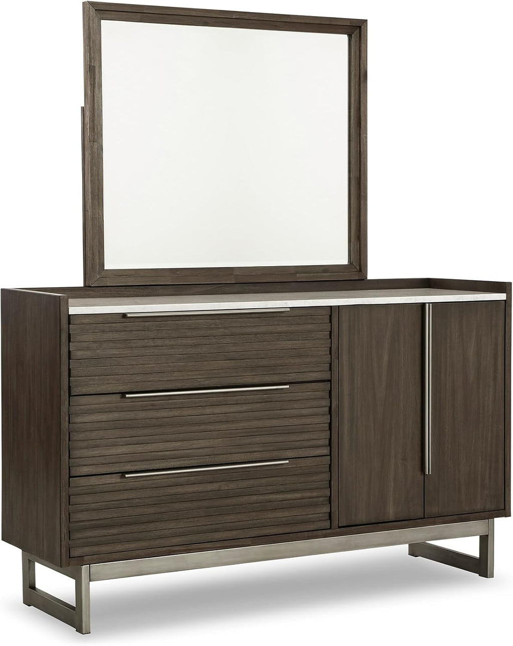 Signature Design by Ashley Arkenton Mid-Century Modern 3-Drawer Dresser and Mirror with Felt-Lined Top Drawer, Adjustable Shelf and Safety Stop, Dark Brown & White