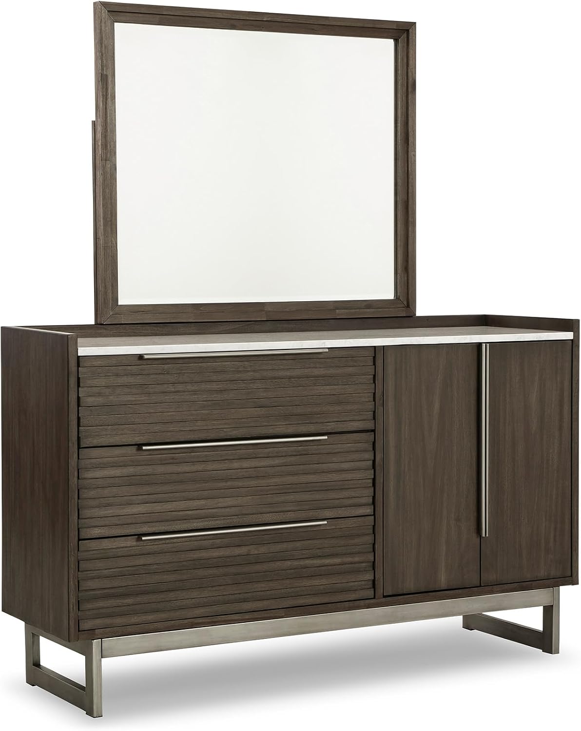 Signature Design by Ashley Arkenton Mid-Century Modern 3-Drawer Dresser and Mirror with Felt-Lined Top Drawer, Adjustable Shelf and Safety Stop, Dark Brown & White