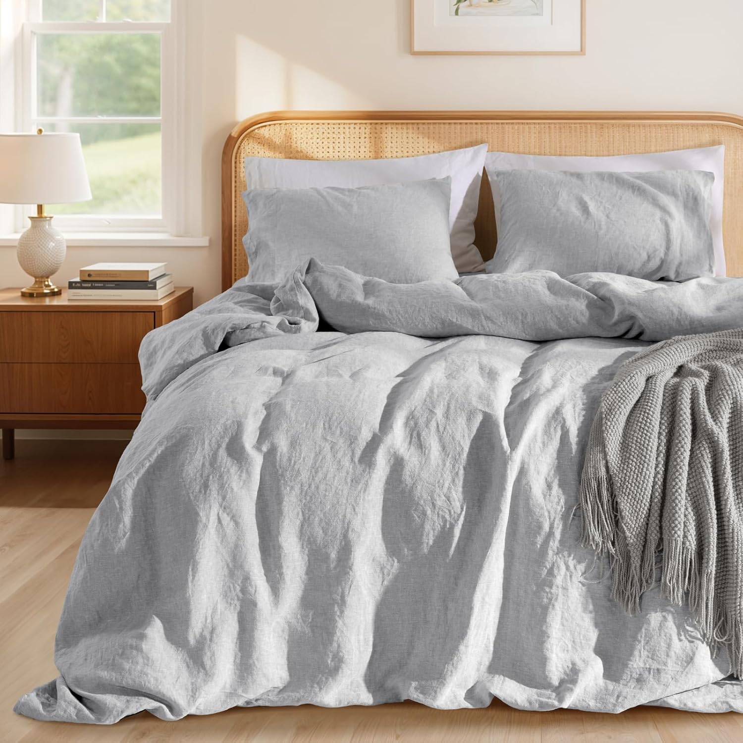 LBRO2M 100% France Linen Duvet Cover Set 3 Pcs Including 1 Flax Comforter Cover with Zipper Closure, 2 Pillowcase, Cozy Duvet Cover Queen Size, Gray