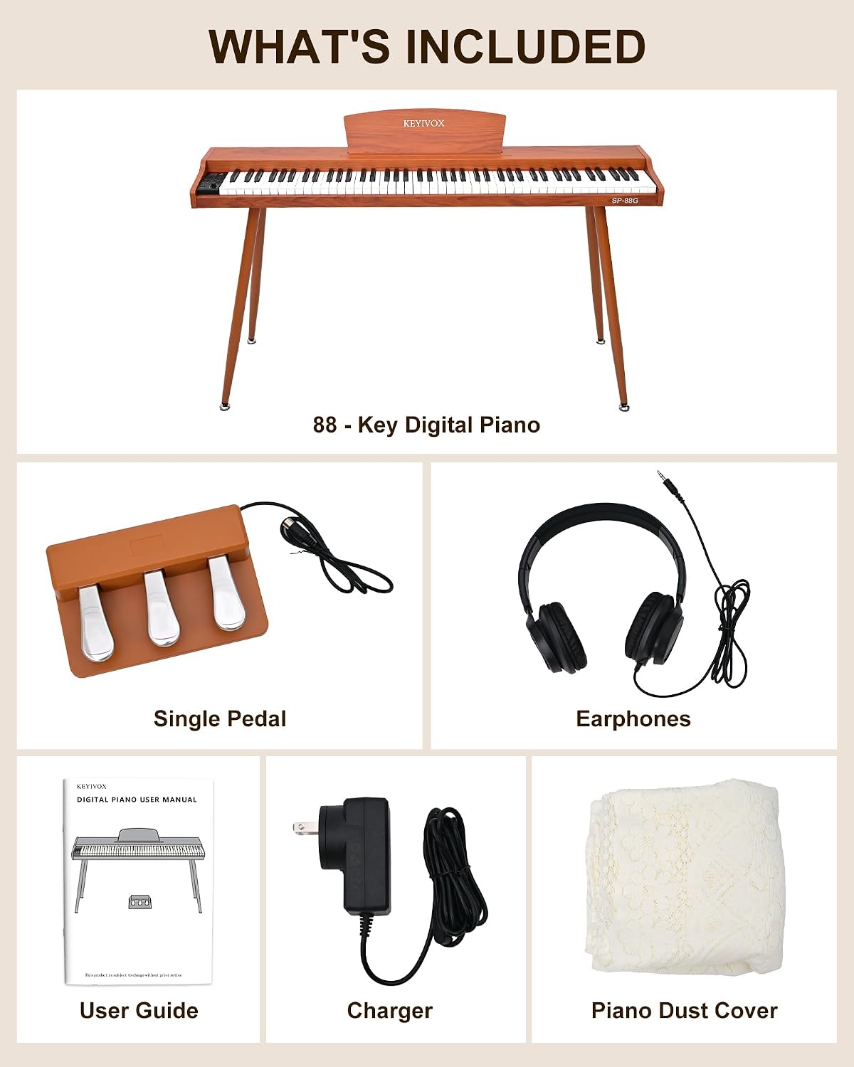 SP88G Digital Piano Keyboard with Stand & Triple Pedal, 88 key Semi Weighted Electric Piano for Beginners and Adults, 800 Tones, 600 Rhythms, 80 Demo Songs with Headphones, USB-MIDI