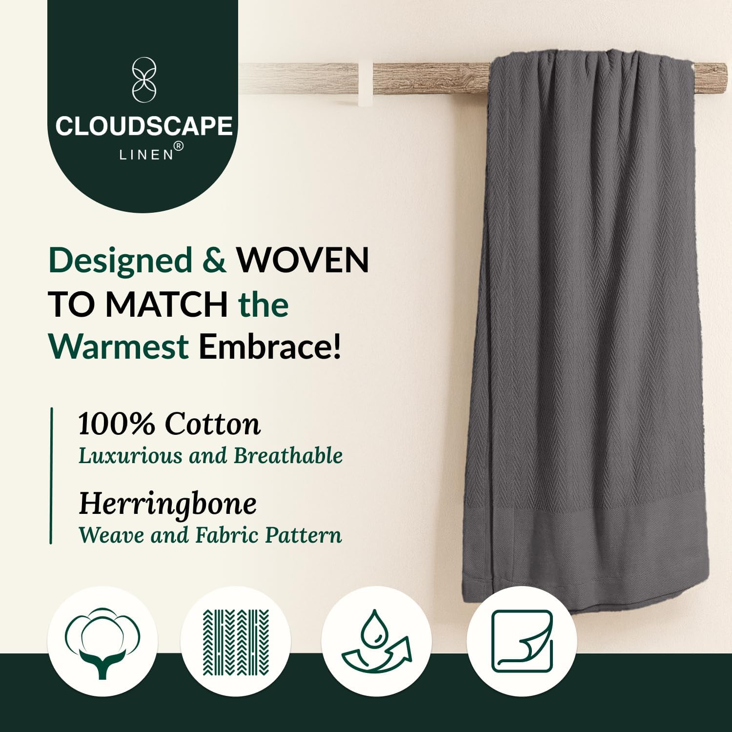 CLOUDSCAPE 100% Cotton King Size Blanket, Soft Herringbone Weave, 92'x108', Fits Upto Cal King, Breathable Lightweight Summer King Cotton Blanket for Adults, All Season Blankets - Sharkskin