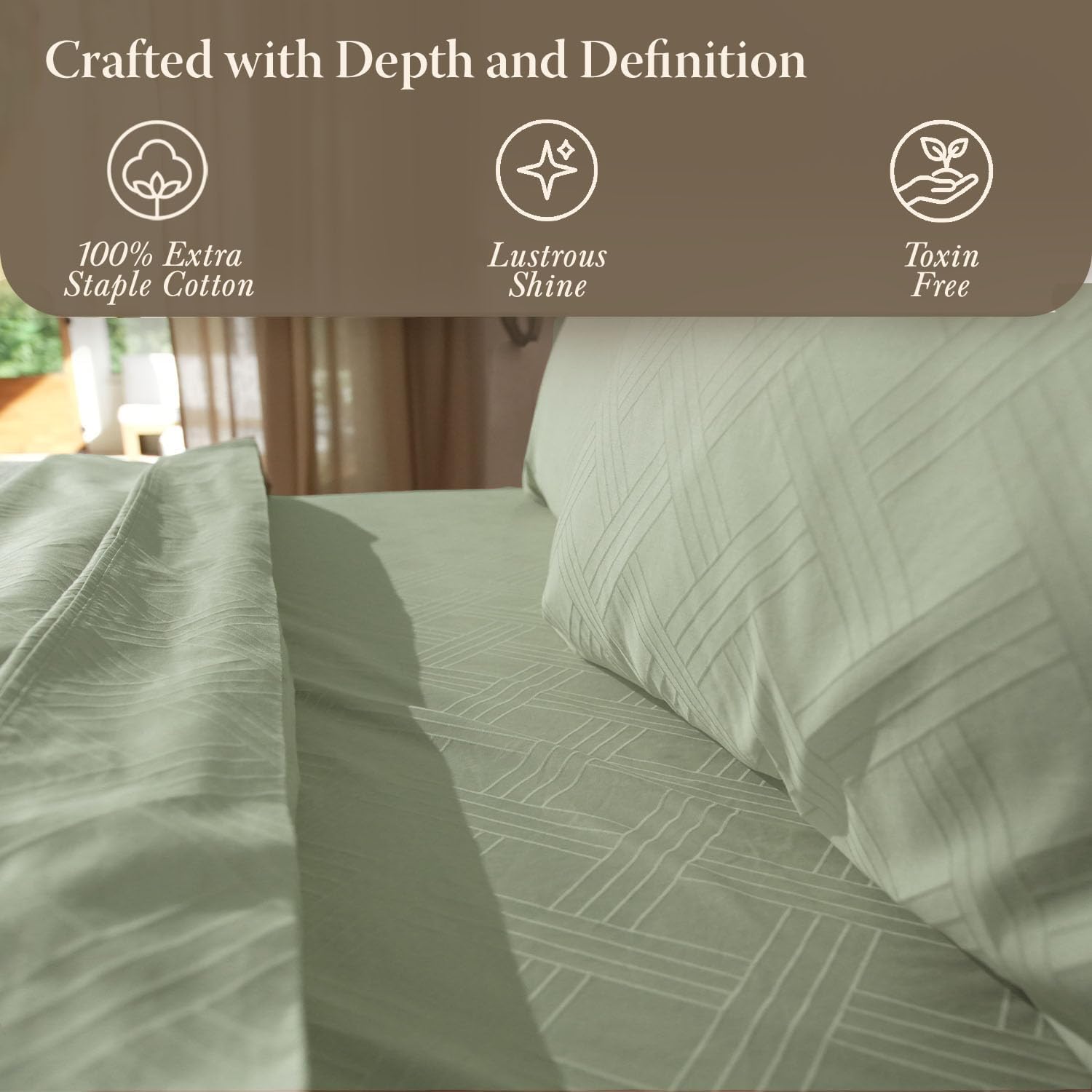 Threadmill California King Size Sheets | 800 Thread Count Jacquard Celine Sage Green | 4 Piece Striped Bed Sheets | Extra Long Staple Cotton Sheet | Luxury Damask Sheets with Elasticized Deep Pocket