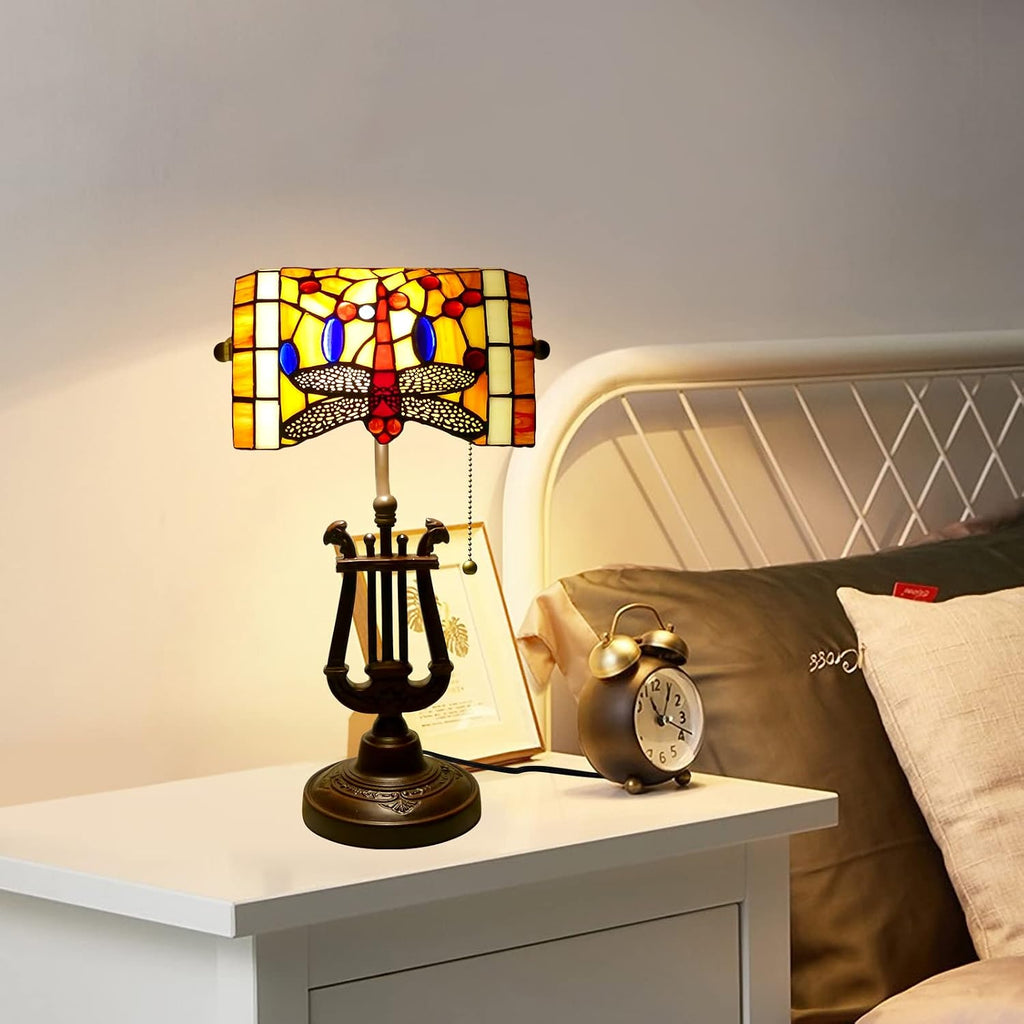 Dragonfly Bankers Lamp Antique Desk Lamps Stained Glass Banker Table Lamp with Pull Chain, Vintage Desk Lamp for Home Office, with Color Changing LED Bulb