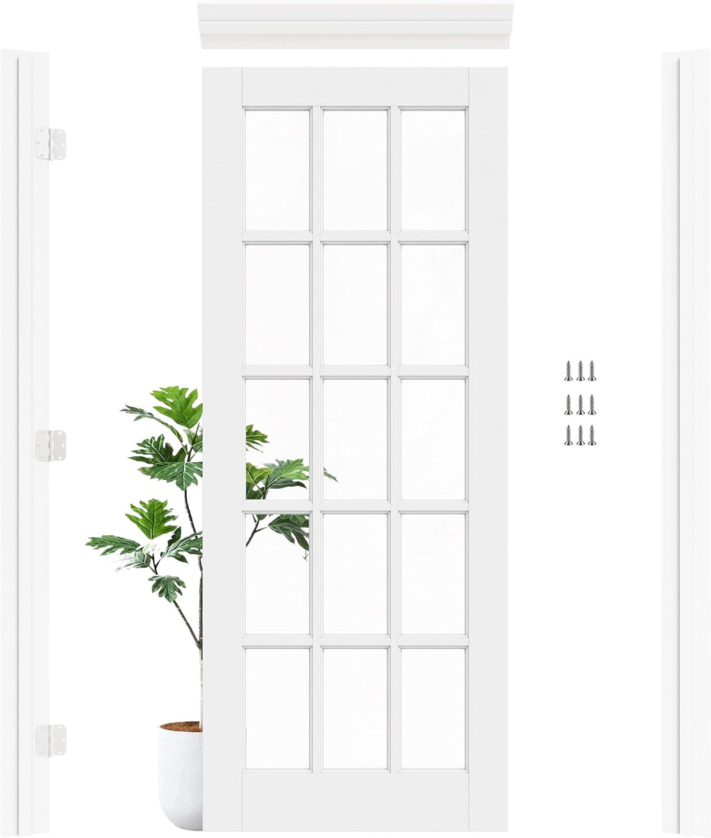 36' x 80' Prehung Door 15-Lite Tempered Clear Glass Slab Doors with Jamb Kit, Solid Core MDF Interior Door for Bathroom Pantry Laundry, Home Doors, Easy Assemble - Left Handed Silver Hinge