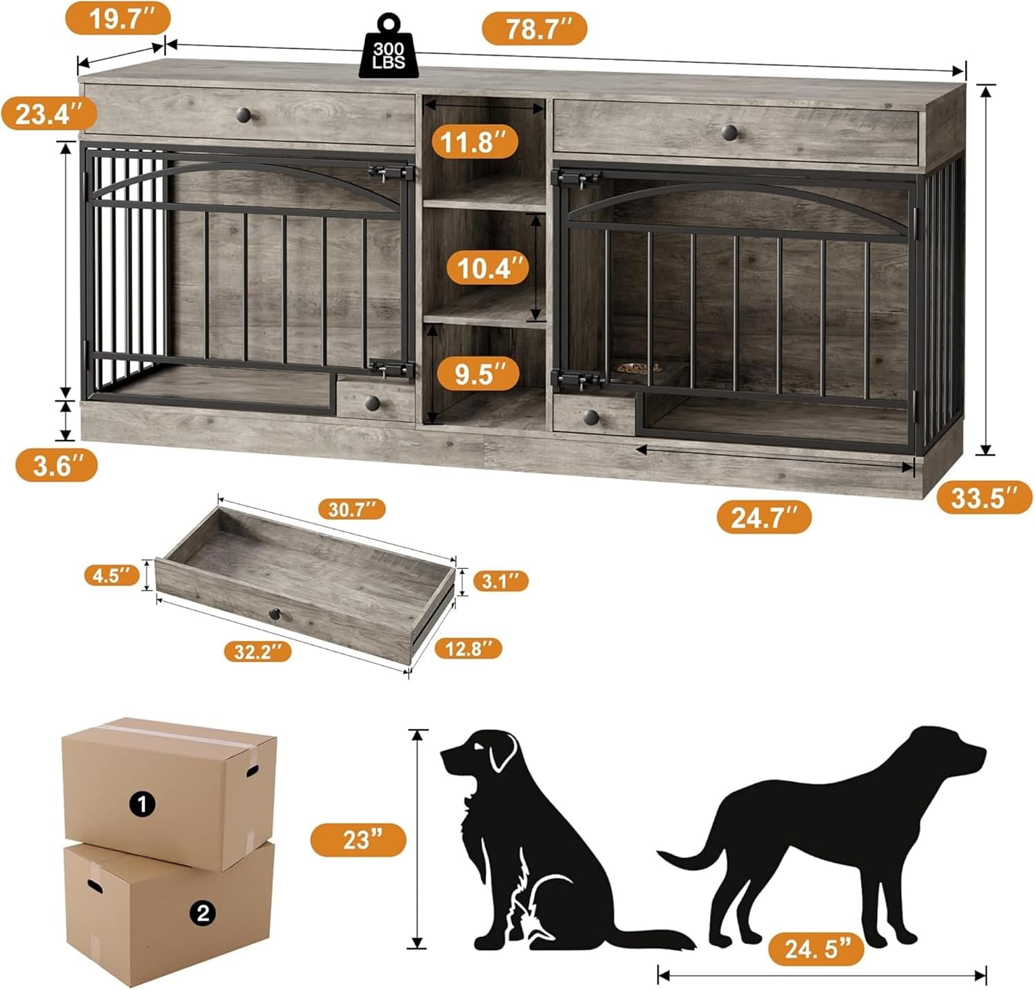 GAOMON Dog Crate Furniture for 2 Dogs, 78.7'' Large Dog Kennel Indoor with 2 Storage Drawers, 3 Shelves and Feeding Bowls, Double Dog Crate TV Stand for Small and Medium Dogs, Gray