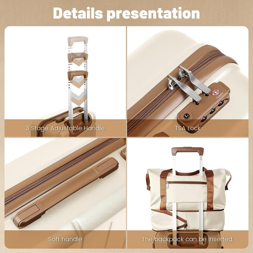 5 Piece 20' 24' 28' ABS Hardside Luggage Set, Lightweight Suitcase with TSA Lock & Smooth Spinner Wheels for Weekend and Air Travel (20/24/28/DB/TB Beige)