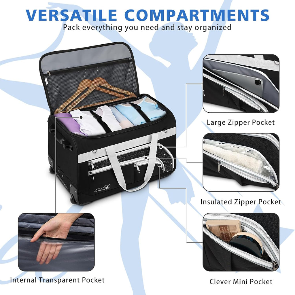 Dance Bag with Garment Rack, 28' Rolling Dance Suitcase Competition Duffle Bag with Garment Rack & Wheels | Versatile Compartments, Upgraded Stable System for Dance Shows, Travel, Cheer, Recital