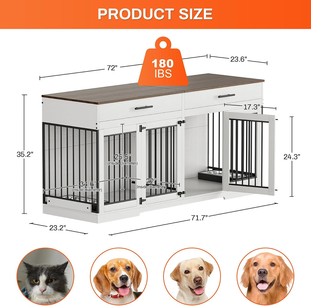 Rophefx 72' Dog Crate Furniture for 2 Dogs, Large Dog Kennel Furniture with 2 Storage Drawer and Removable Divider, Wooden Dog Cage with 4 Bowls, Indoor Dog House TV Stand for Medium Dog, White