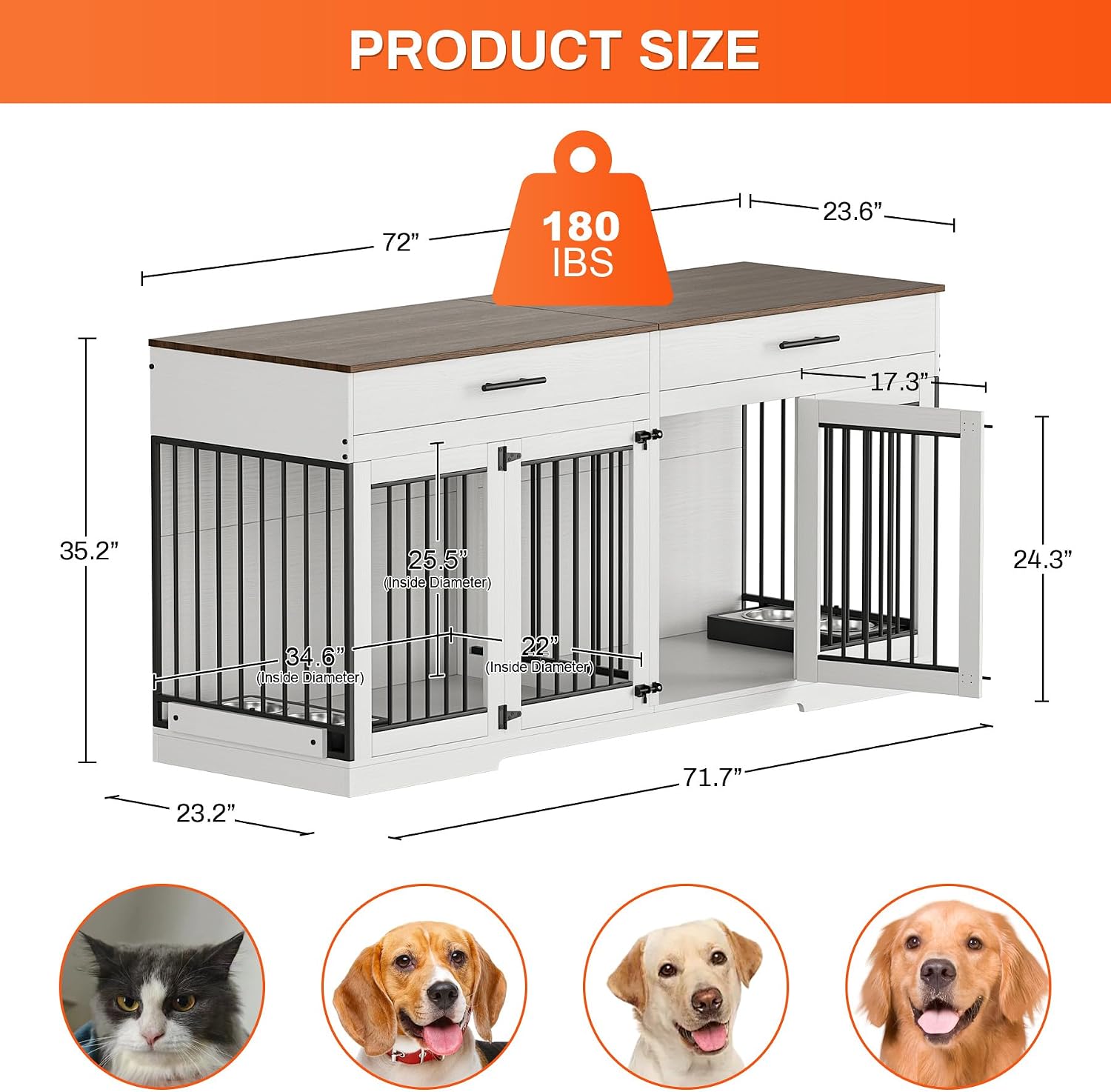 Rophefx 72' Dog Crate Furniture for 2 Dogs, Large Dog Kennel Furniture with 2 Storage Drawer and Removable Divider, Wooden Dog Cage with 4 Bowls, Indoor Dog House TV Stand for Medium Dog, White