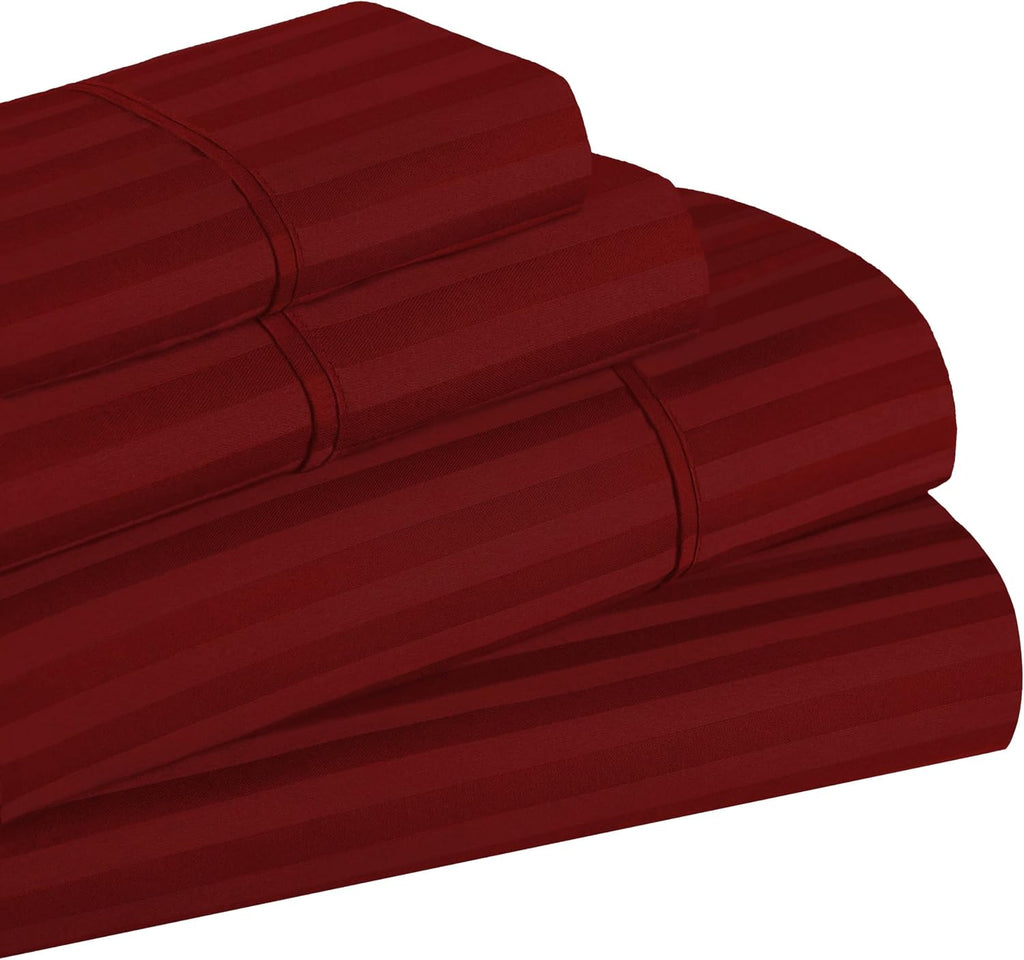 Superior Egyptian Cotton 300 Thread Count Bed Sheet Set, 1 Elastic Deep Pocket Fitted Sheet, 1 Flat Sheet, 2 Pillowcases, Daily Sheets, Luxury Home Essentials, Striped, Olympic Queen, Burgundy