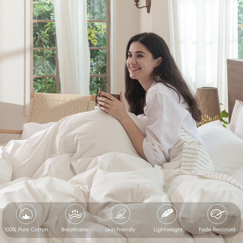 MooMee Bedding Duvet Cover Set 100% Washed Cotton Linen Like Textured Breathable Durable Soft Comfy (Solid Off White, Oversized King Plus 128'x120')