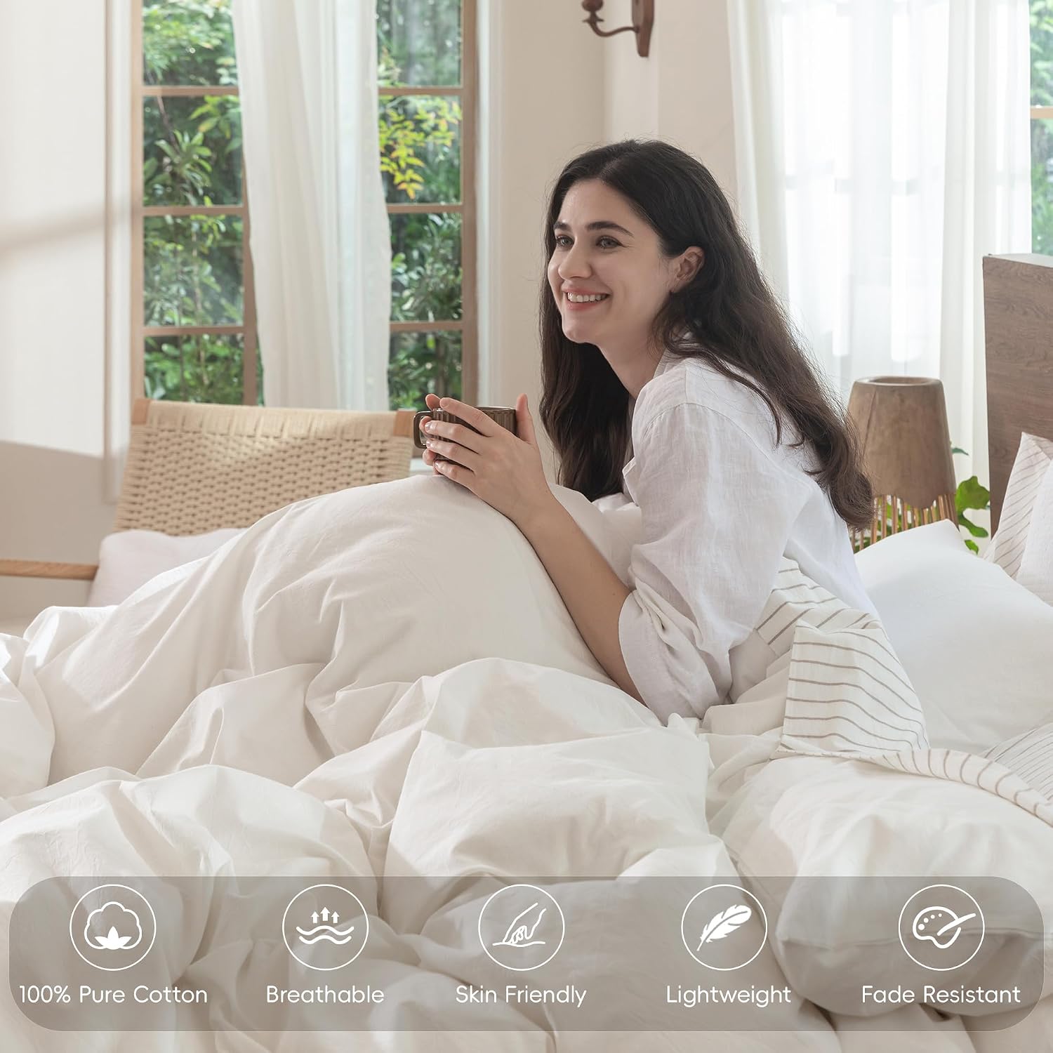 MooMee Bedding Duvet Cover Set 100% Washed Cotton Linen Like Textured Breathable Durable Soft Comfy (Solid Off White, Alaska King 132'x120')