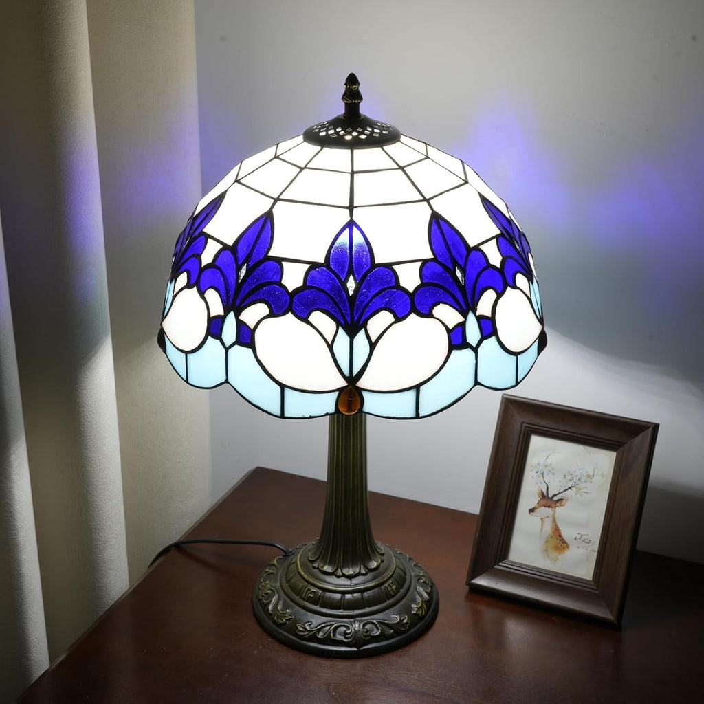 Tiffany Style Table Lamp with Blue Iris Stained Glass Lamp 12 Inch Retro Bronze Base Bedside Lamp Living Rooms, Offices, Hotel，Coffee Shop European Style Decorative Ambient Light Bedside Lamp