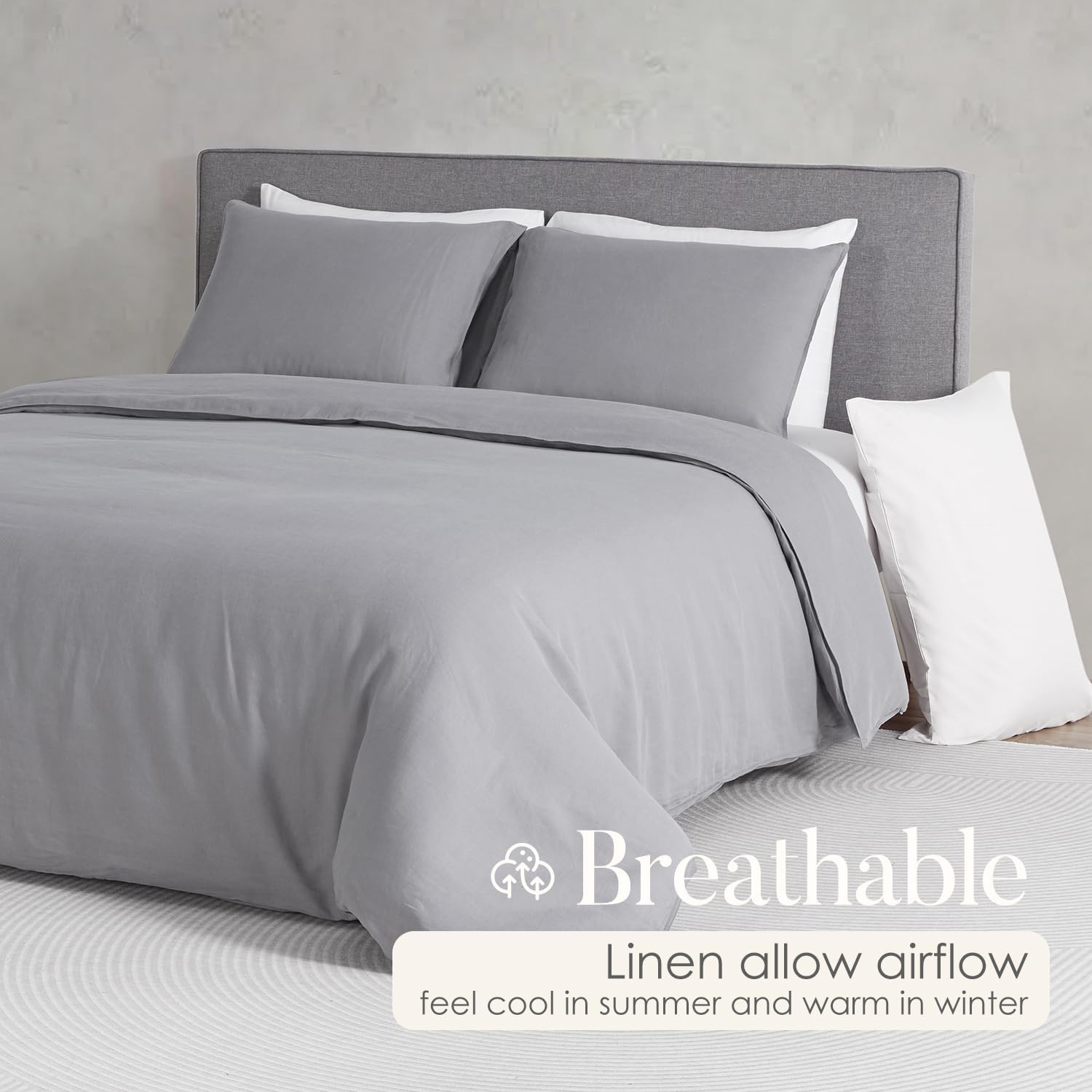 DAPU 100% Linen Duvet Cover Set - Pure Natural French Flax Linen with Corner Ties and Zipper Closure Soft Breathable Durable for Hot Sleepers 1 Duvet Cover 2 Pillowcases (Earl Gray, Queen/Full)