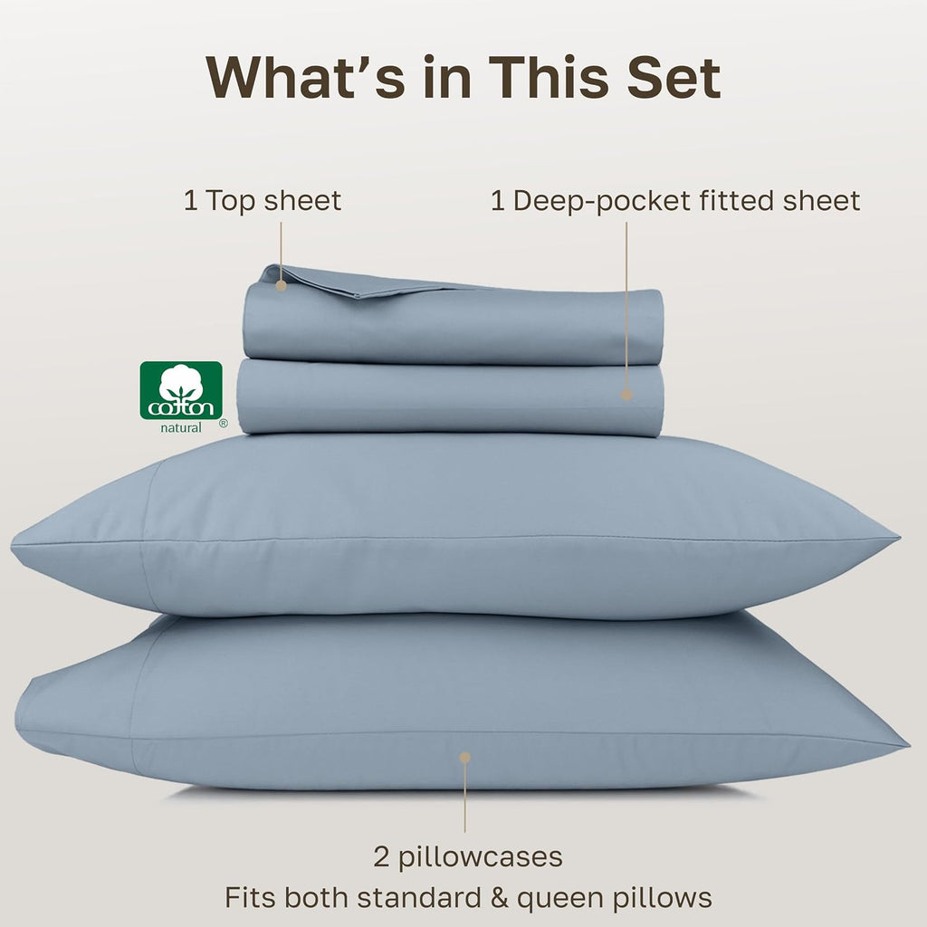 California Design Den Thick and Natural 100% Cotton Sheets for Queen Size Bed Set - 1000 Thread Count Sateen, Deep Pocket Queen Bed Sheets, Durable Bedding Set - Blue