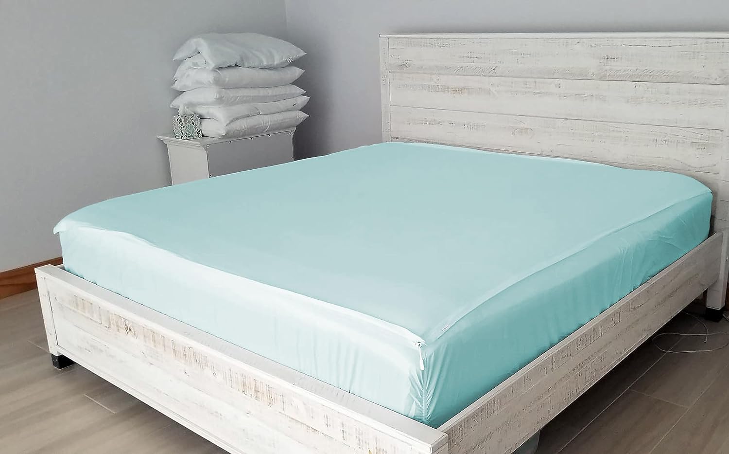 Cotton Zip On Fitted Sheet Queen - 2 Zip Sheets & 1 Fitted Sheet Base - Upto 16' Inch Deep Pocket Queen Size Zipper Fitted Sheets - Soft & Luxury 600 TC 100% Cotton - Aqua Blue