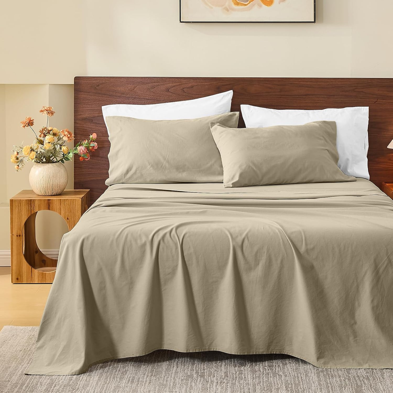 MEISHANG 100% French Pure Linen Sheets Queen Size - Bed Sheets 4 Piece Sets, Soft Durable Flax Linen, Anti-Tear Breathable Moisture Wicking with 16' Deep Pocket (Brown Taupe)