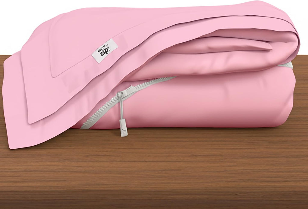 COTTON STICH 600 TC Zipper Fitted Sheet, 100% Egyptian Cotton, 18' Deep Pocket, Easy Zip Change, All-Around Secure Fit - Queen Size Bed - Baby Pink