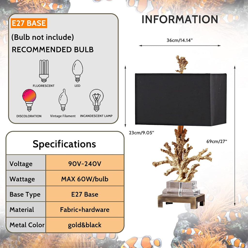 PURESILKS 27' Crystal Table Lamp,Gold Coral Design and Rectangular Fabric Shade,Nordic Style LED Desk Lamp Modern Bedside Table Lamp for Bedroom,Living Room, Office