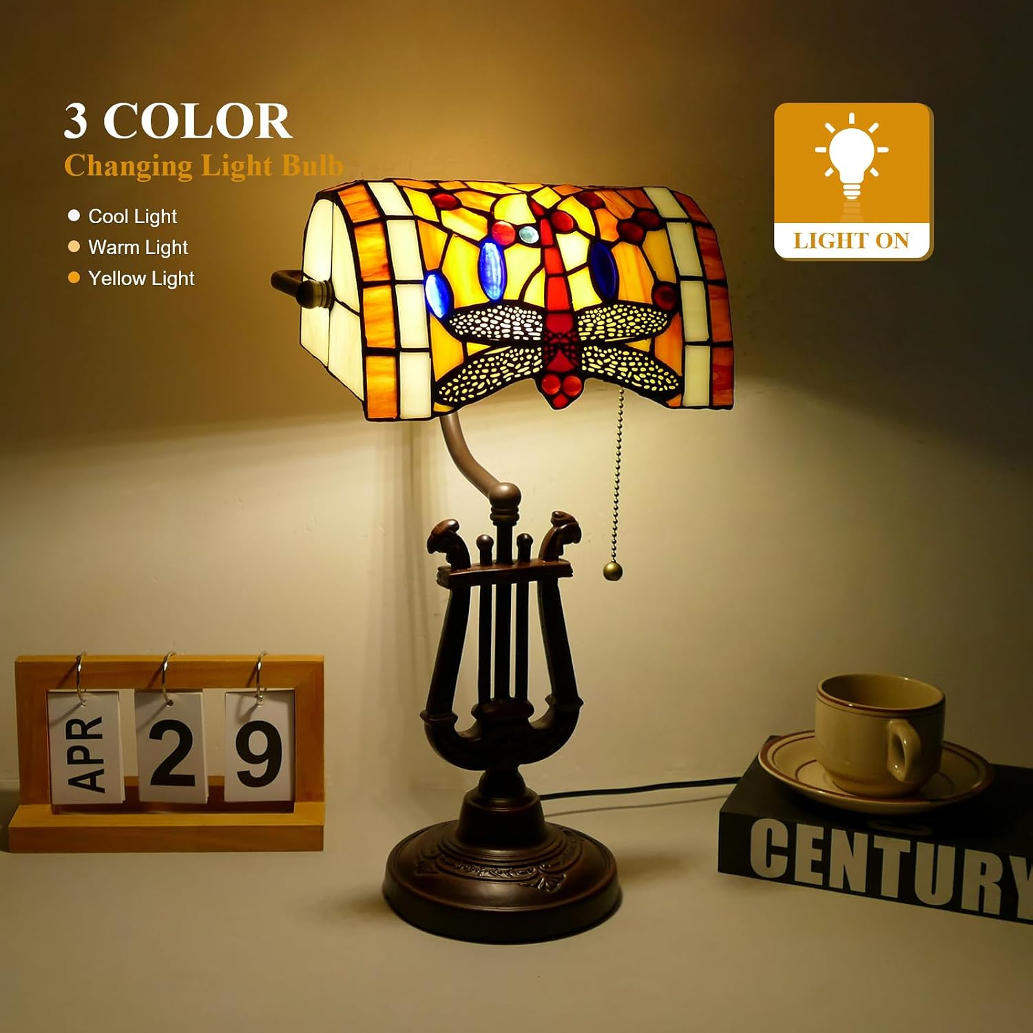 Dragonfly Bankers Lamp Antique Desk Lamps Stained Glass Banker Table Lamp with Pull Chain, Vintage Desk Lamp for Home Office, with Color Changing LED Bulb
