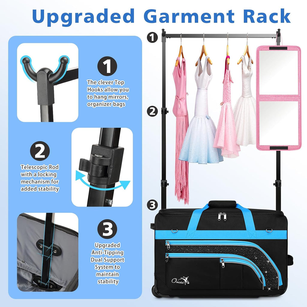 Dance Bag with Garment Rack, 28' Rolling Dance Suitcase Competition Duffle Bag with Garment Rack & Wheels | Versatile Compartments, Upgraded Stable System for Dance Shows, Travel, Cheer, Recital