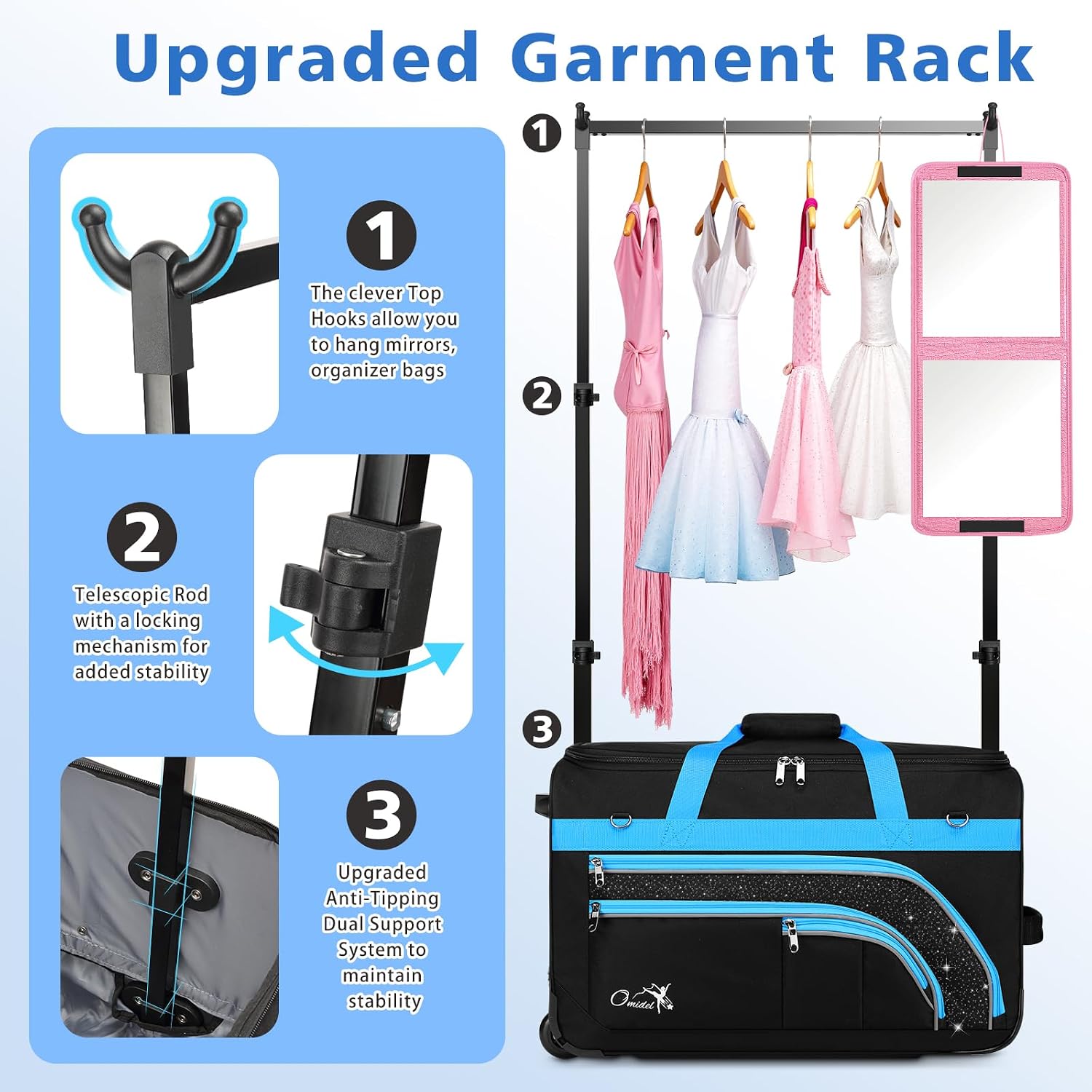 Dance Bag with Garment Rack, 28' Rolling Dance Suitcase Competition Duffle Bag with Garment Rack & Wheels | Versatile Compartments, Upgraded Stable System for Dance Shows, Travel, Cheer, Recital