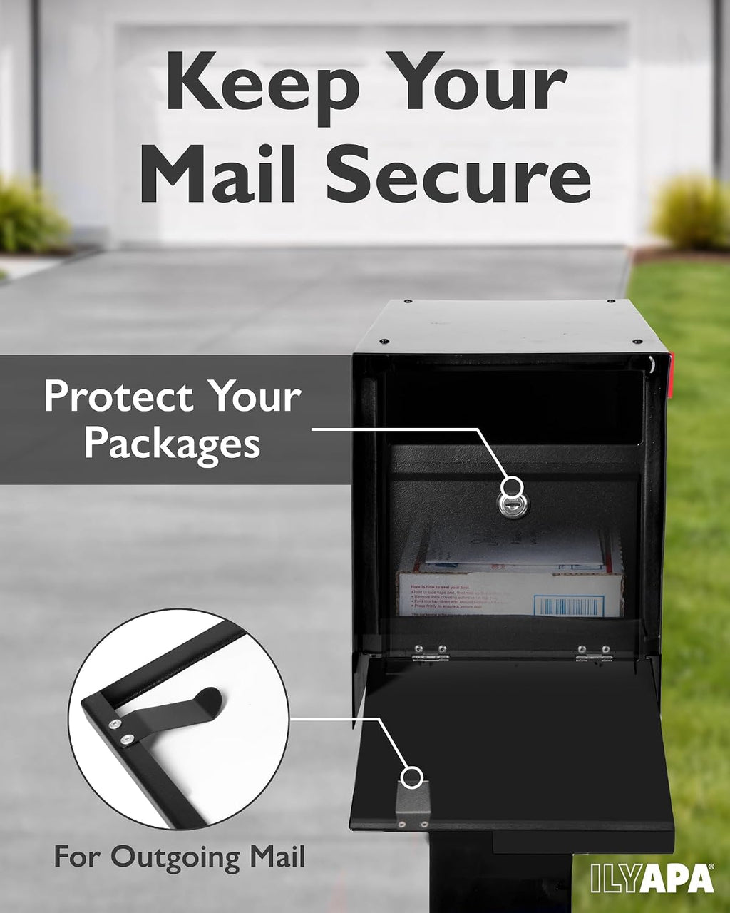 Ilyapa Locking Mailbox with Lock and Key Modern Mailboxes for Outside Post Mount - Black Powder Coated Steel, All Weather & Corrosion Resistant, Stainless Steel, Tab
