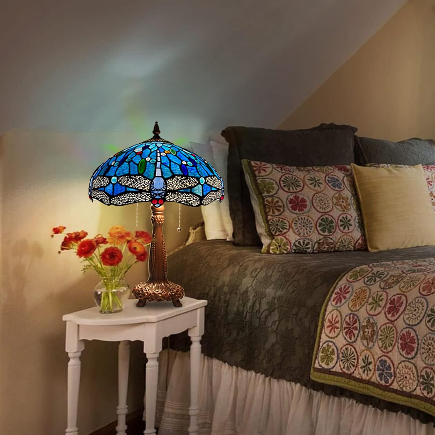 Capulina Tiffany Lamp Stained Glass Table Lamp 2-Light 16X16X24 Inches Blue Dragonfly Tiffany Style Desk Lamp for Bedrooms Living Room Study Office