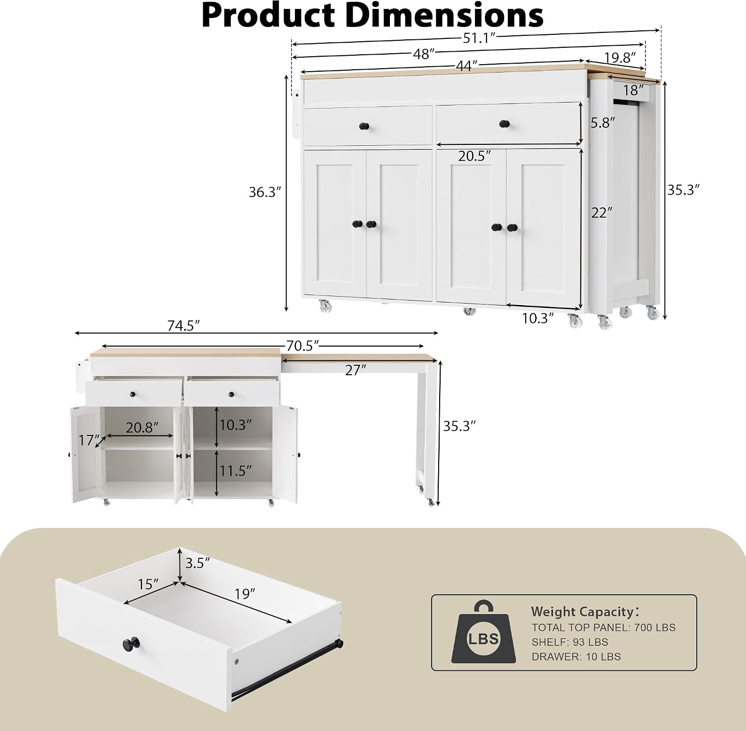 RUNNA 74.5 inch Kitchen Island with Extendable Dining Table,Rolling Island on Wheels with Spice Rack and 2 Drawers,Kitchen Storage Cart with 4 Door Cabinet (Off White#009)