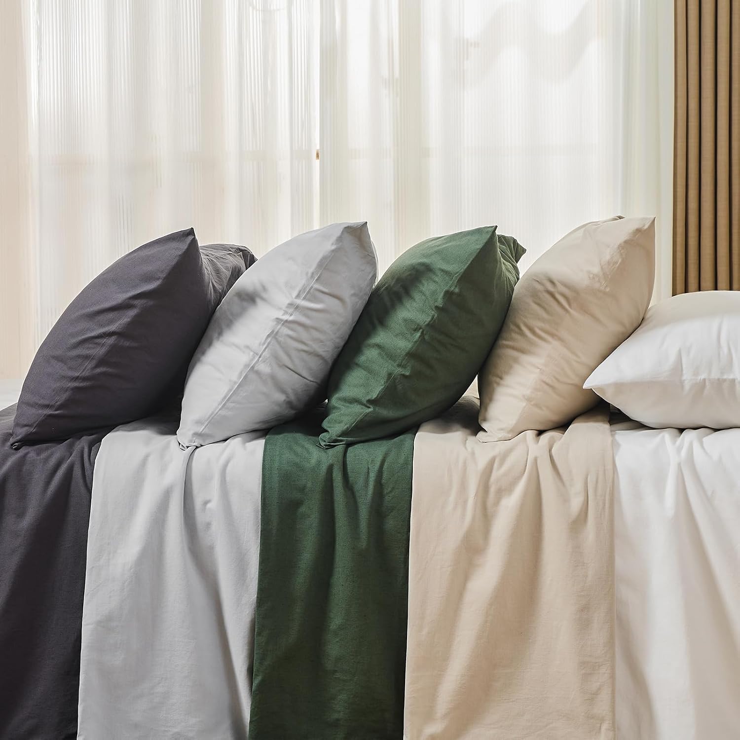 MEISHANG 100% French Pure Linen Sheets California King - Bed Sheets 4 Piece Sets, Soft Durable Flax Linen, Anti-Tear Breathable Oeko-Tex Certified with 16' Deep Pocket (Linen)