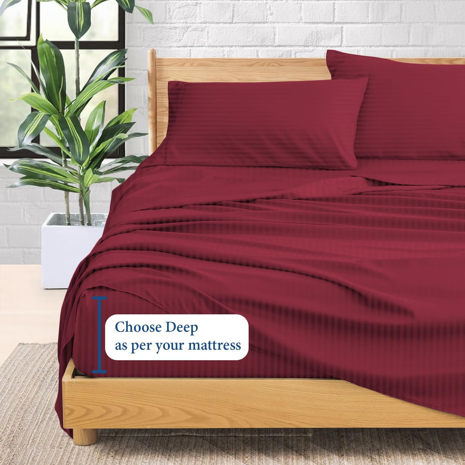 Luxury 1800 Thread Count Heavy Egyptian Cotton 4-PCs Sheet Set Fits Mattress 21-24'' Fully Elastic Deep Pocket (Short Queen Size) (Stripe, Burgundy)