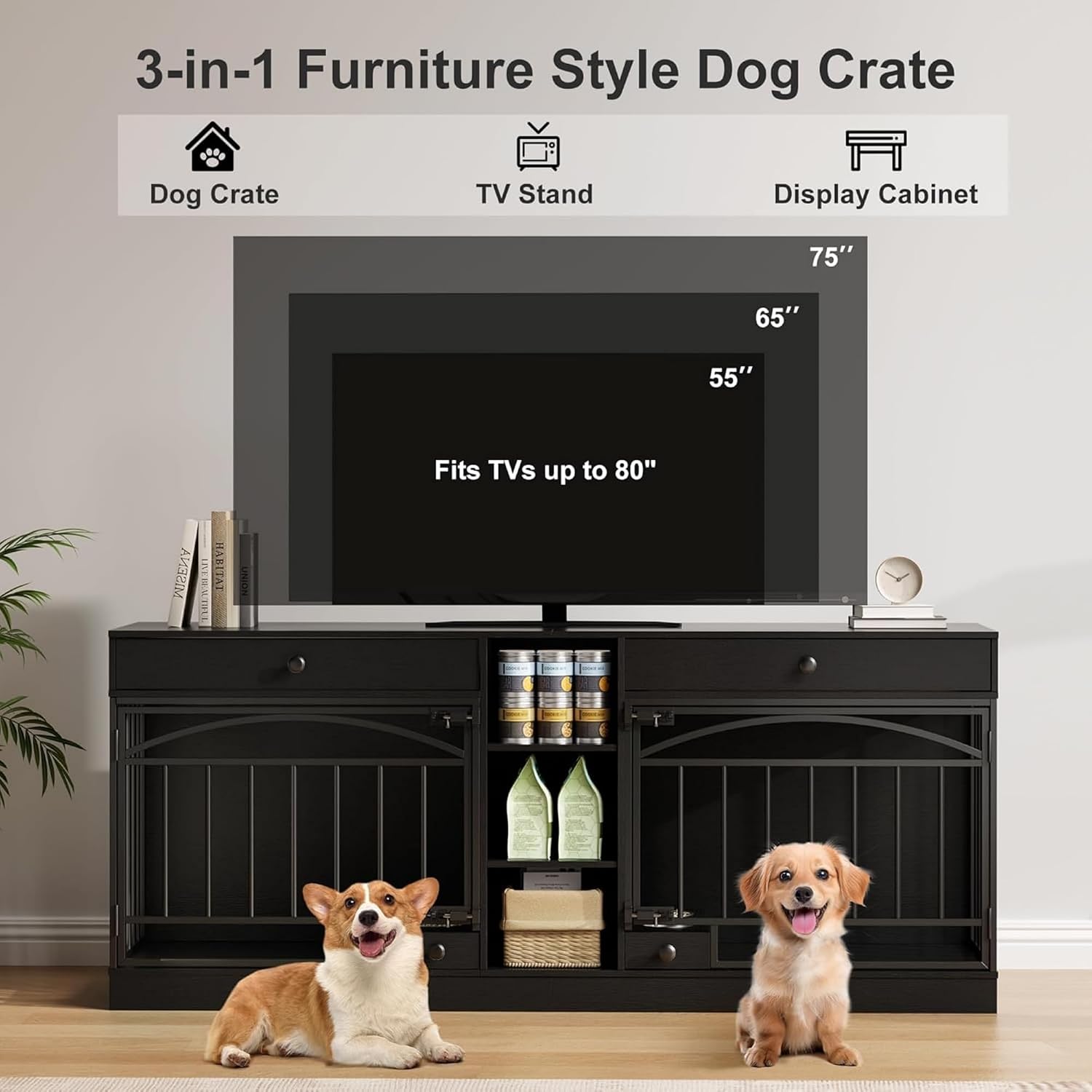 GAOMON Dog Crate Furniture for 2 Dogs, 78.7'' Large Dog Kennel Indoor with 2 Storage Drawers, 3 Shelves and Feeding Bowls, Double Dog Crate TV Stand for Small and Medium Dogs, Black
