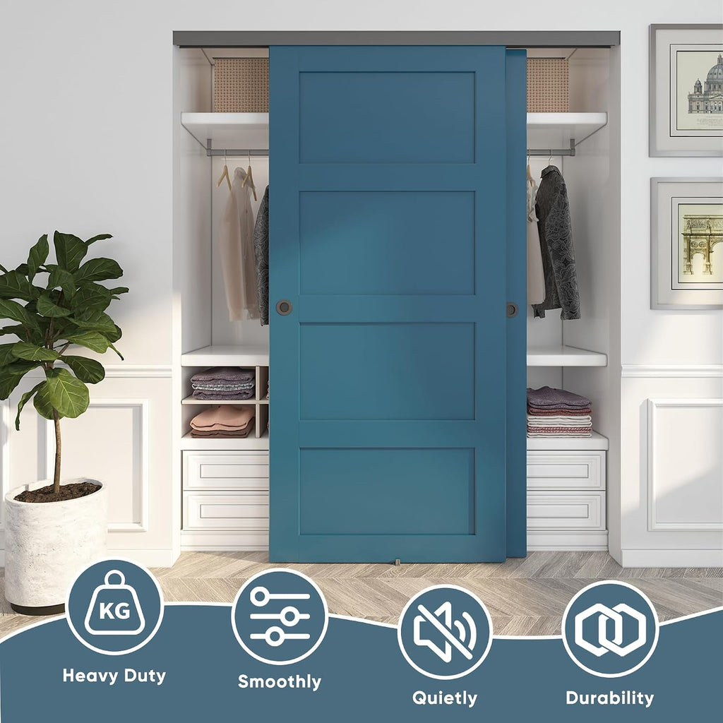 JUBEST 6FT/72 Heavy Duty Bypass Door Hardware with Soft Close Mechanism, Sturdy Closet Door Track for 2 Door System, Quietly and Smoothly, Fit Door Thickness 1 3/8' or 1 3/4', Easy to Install, Black