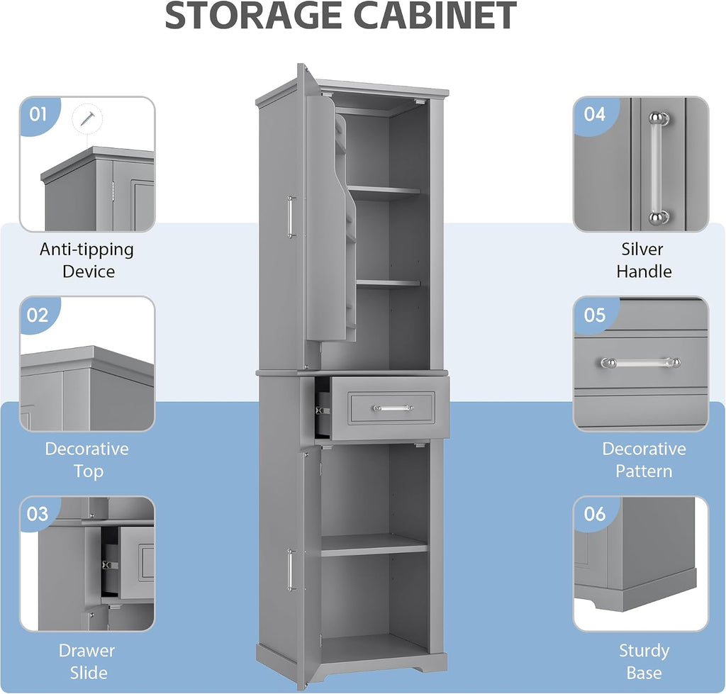 Tall Bathroom Storage Cabinet, Freestanding Bathroom Accent Storage Cabinet with Doors & Adjustable Shelves & Built-in Door Shelf for Home Kitchen, Living Room (Grey Style3)
