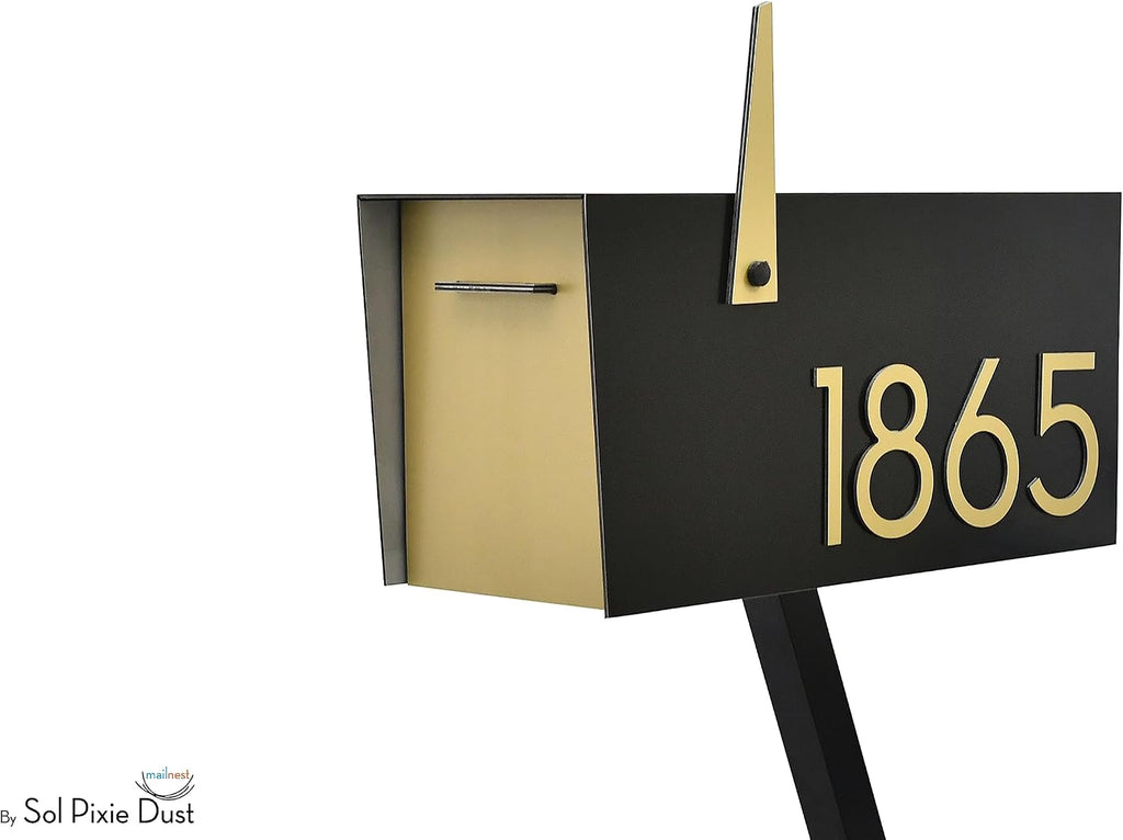 Contemporary Post-Mount Mailbox - Aluminum Black Body with Aluminum Door, Numbers and Flag - Large Customized Mailbox - Type 4 (Gold)