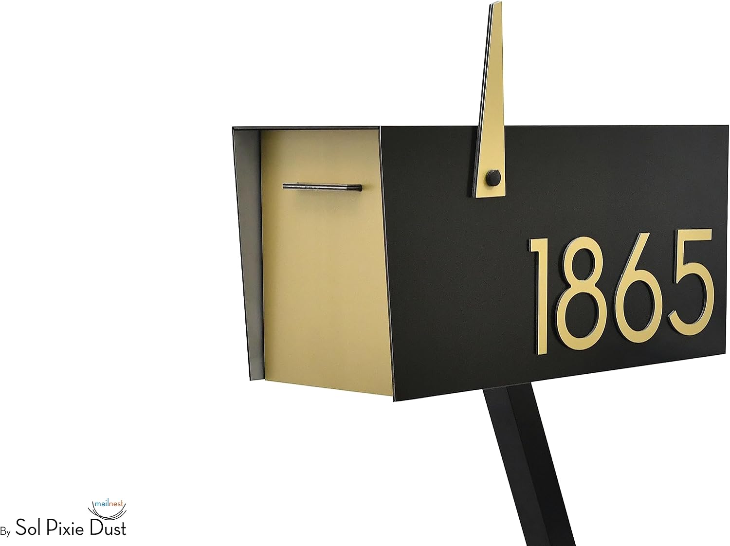 Contemporary Post-Mount Mailbox - Aluminum Black Body with Aluminum Door, Numbers and Flag - Large Customized Mailbox - Type 4 (Gold)