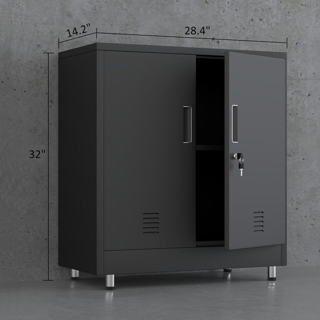 JINGUR Metal Storage Cabinet with Locking Doors and Adjustable Shelf, Small Lockable Sideboard Buffet Cabinet for Home Office Hallway Entryway Living Dining Room (Black)