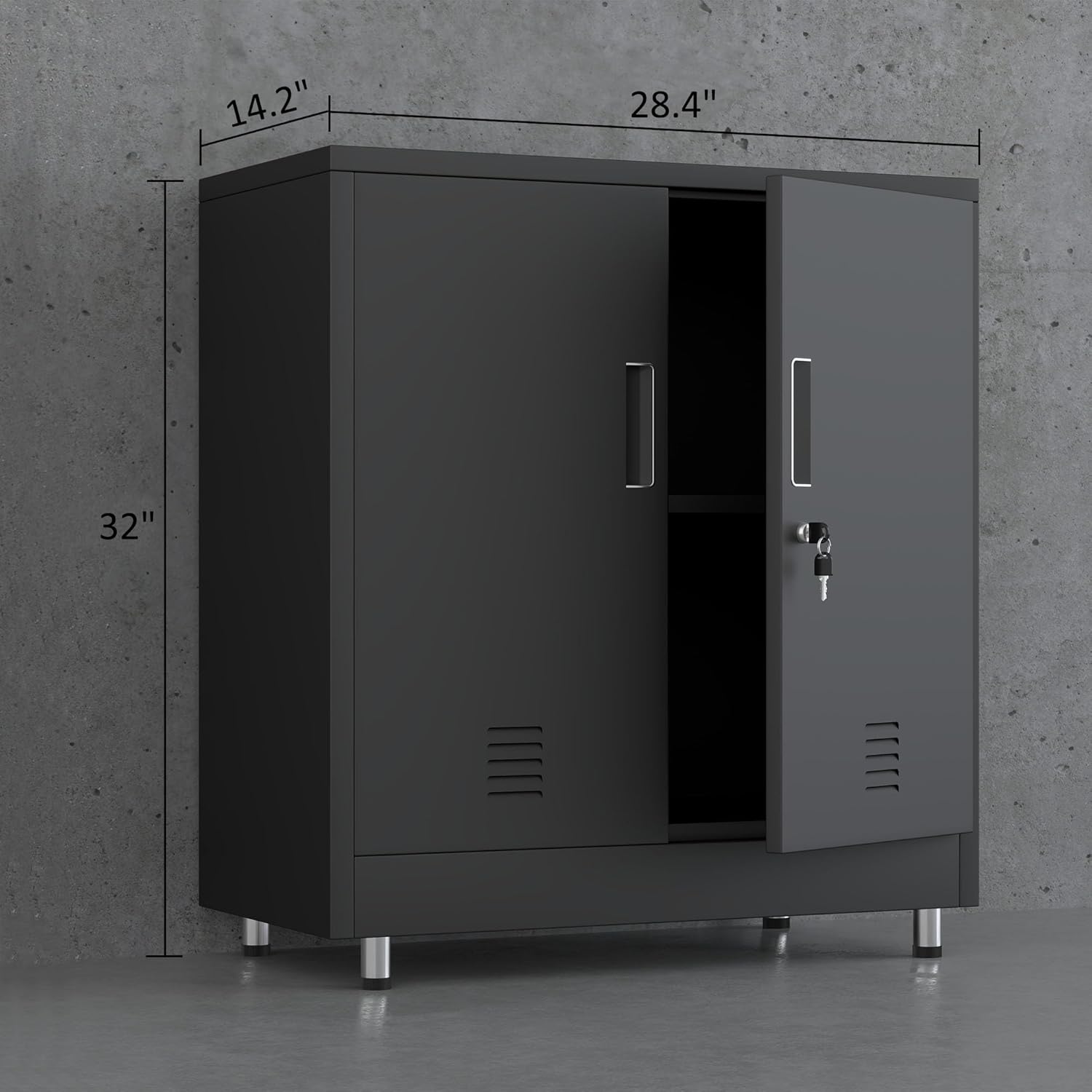 JINGUR Metal Storage Cabinet with Locking Doors and Adjustable Shelf, Small Lockable Sideboard Buffet Cabinet for Home Office Hallway Entryway Living Dining Room (Black)