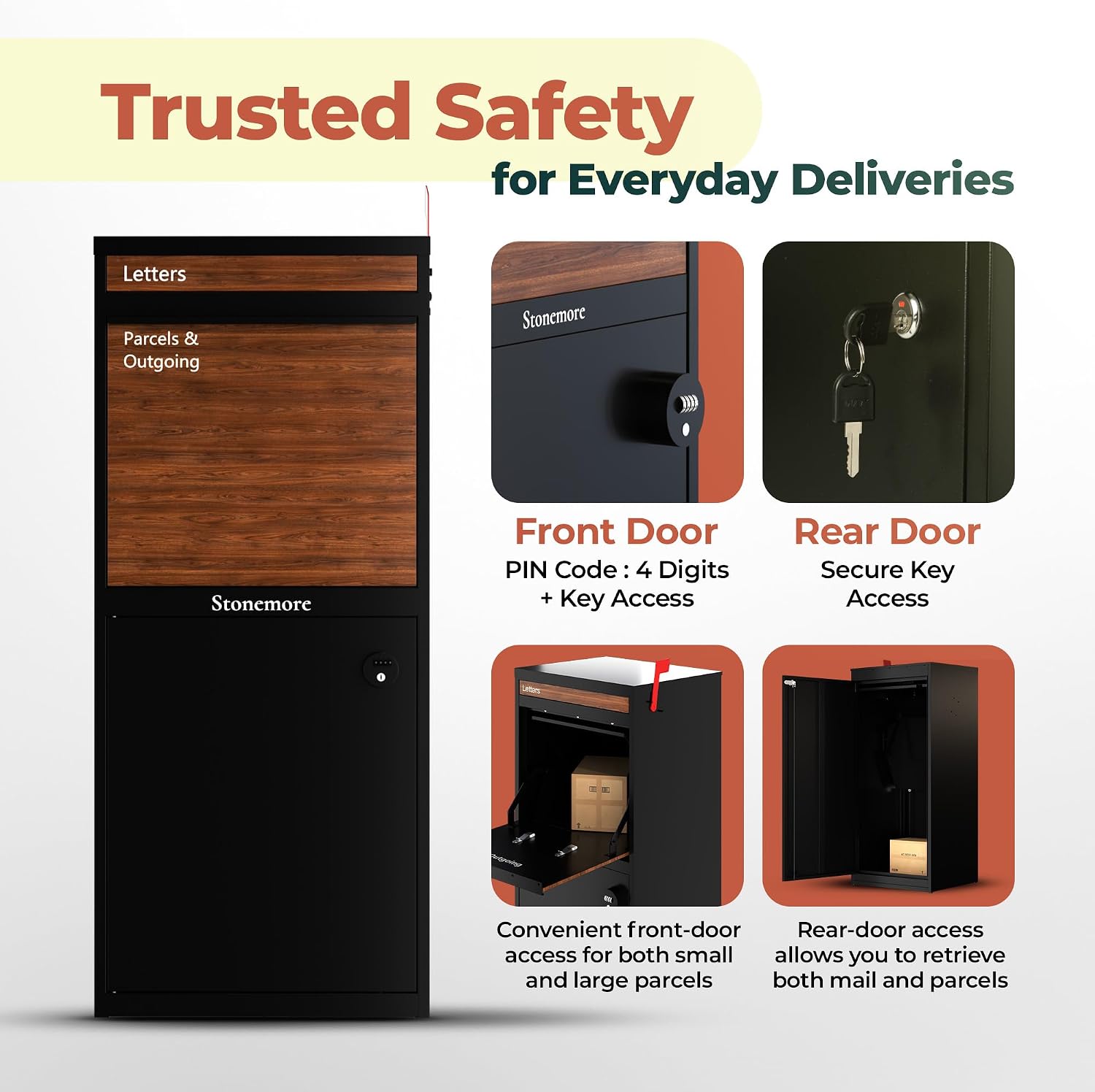 Hudson USPS Compatible Mailbox, Classic Black/Walnut Package Mailbox, Anti-Theft Locking Parcel Drop Box For Porch Or Curbside, Large Mailbox for Packages, Weather-Sealed Powder Coated Steel