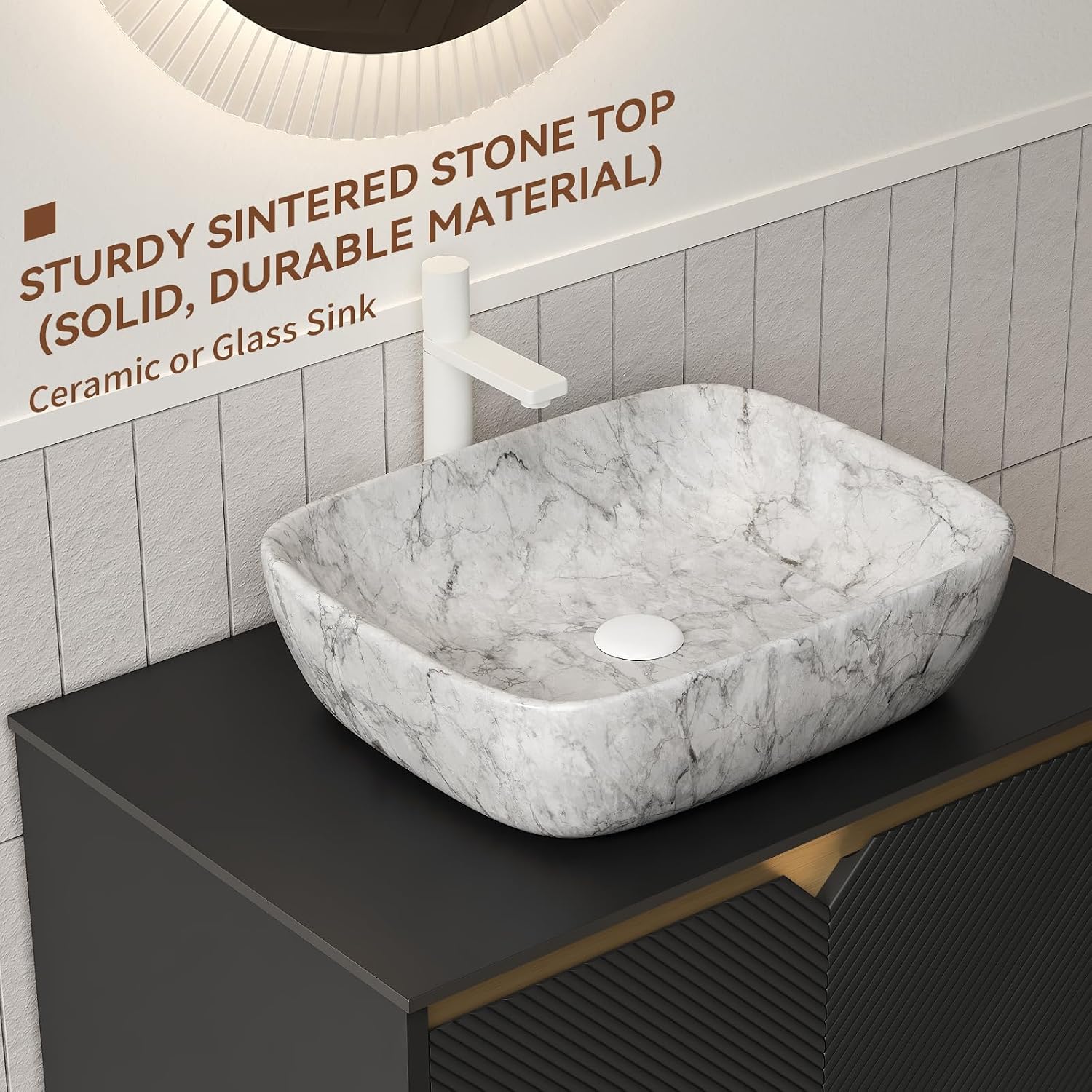 30 Inch Bathroom Vanity with Sink, Floating Fluted Vanity with Vessel Sink, Modern Bathroom Vanity Cabinet with 2 Doors, Marble Pattern Ceramic Sink & Sintered Stone Top, Black